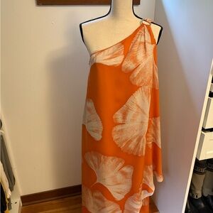 Halston Heritage Orange and White One-Shoulder Dress